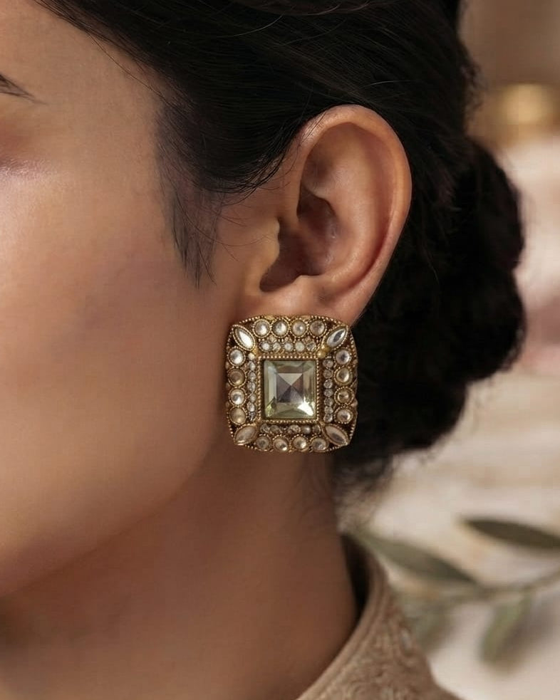 Square Kundan Stone Stud Earrings for Women | Traditional Gold-Tone Ethnic Jewelry | Festive, Wedding, Party & Daily Wear