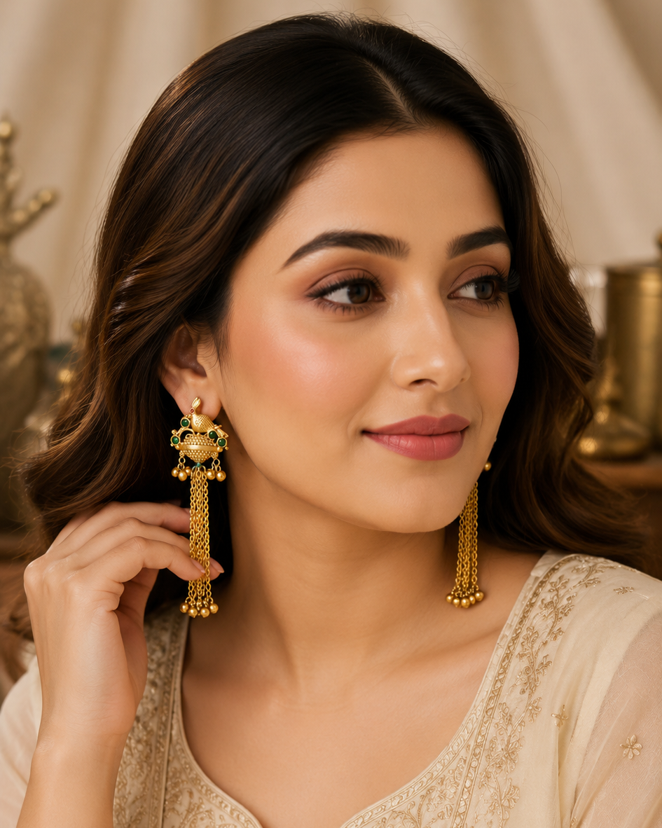 A woman wearing ornate gold jhumka earrings with hanging tassels, paired with a cream-colored embroidered traditional outfit, set against a warm beige background.