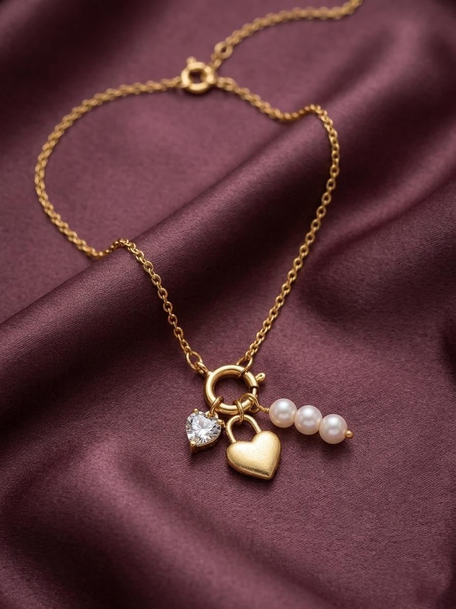 Anti Tarnish Chain with Heart Lock And Pearl Pendant