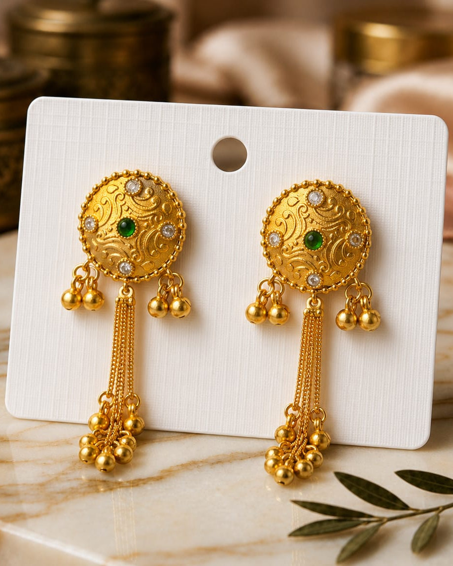 Golden Round Kashmiri Earrings for Women with Hanging Beads | Handmade Traditional Ethnic Jewelry | Wedding, Party, Festive & Daily Wear ⭐
