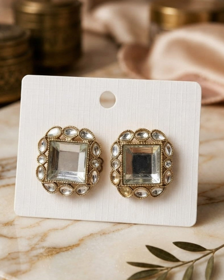 Square Kundan Stone Stud Earrings for Women | Curved Corner Ethnic Gold-Tone Studs | Traditional Festive, Wedding & Party Wear Jewelry