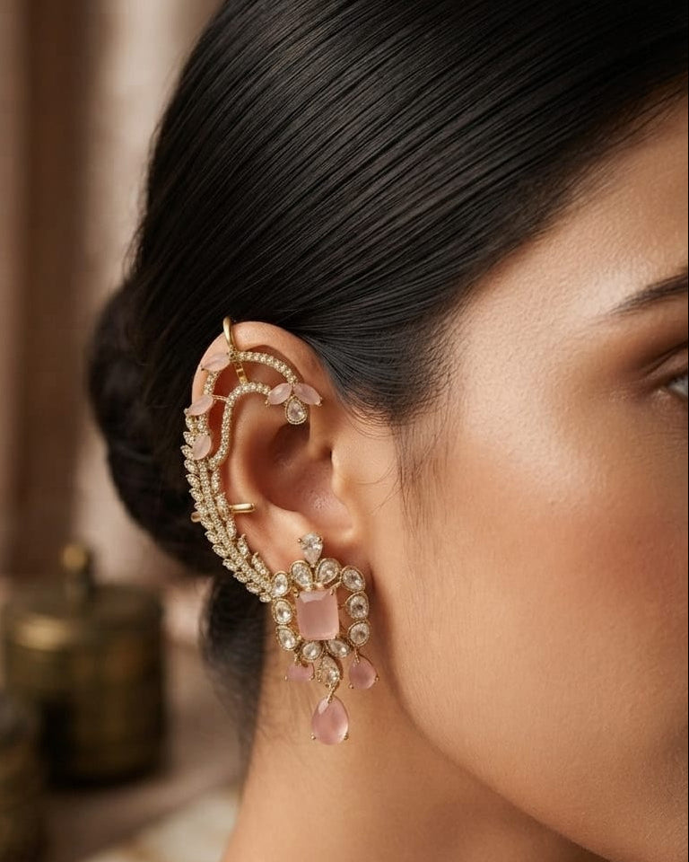 Pink & White AD Stone Ear Cuffs for Women | Elegant Crystal Fashion Jewelry | Lightweight | Party, Wedding, Festive & Daily Wear ⭐