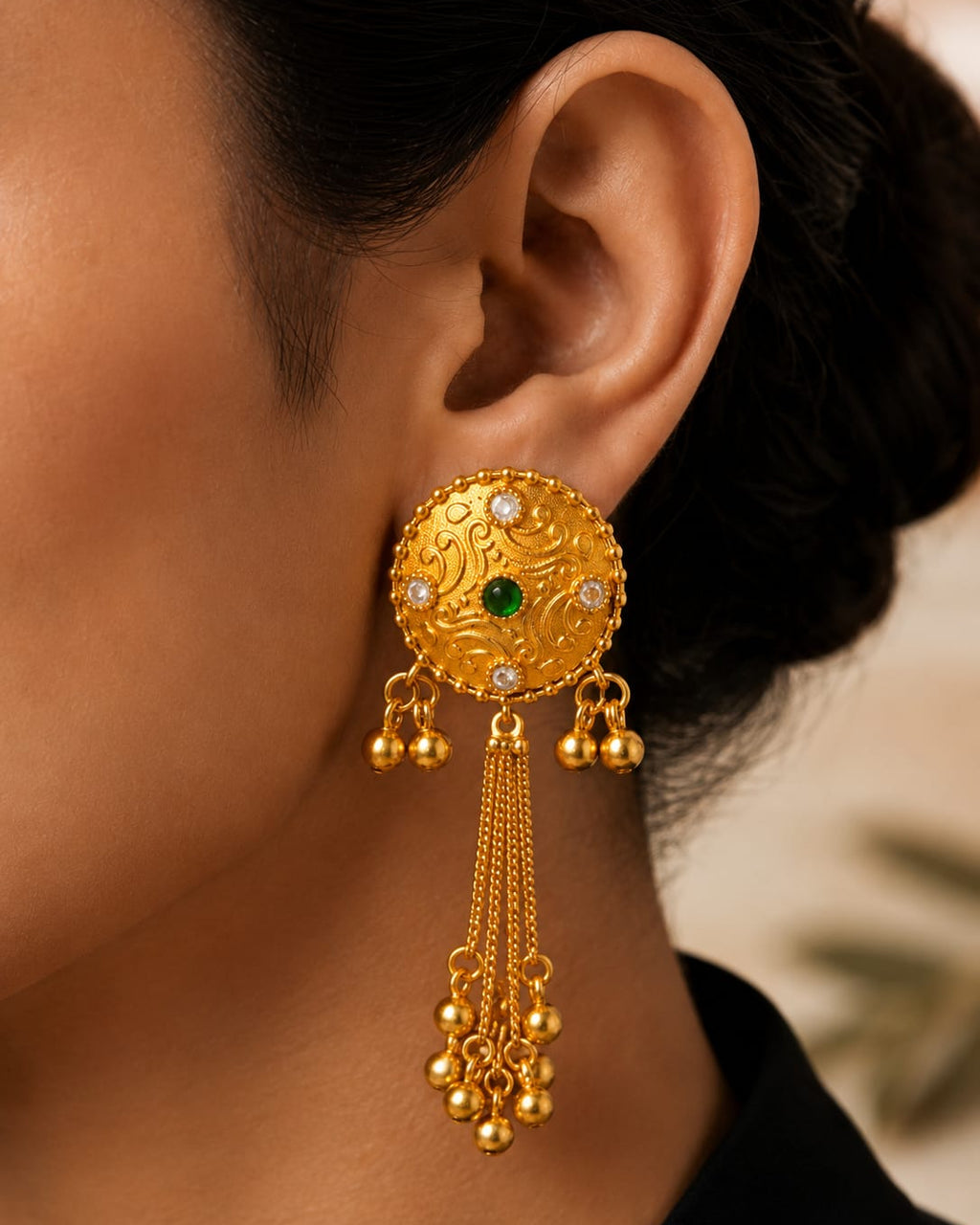 Golden Round Kashmiri Earrings for Women with Hanging Beads | Handmade Traditional Ethnic Jewelry | Wedding, Party, Festive & Daily Wear ⭐