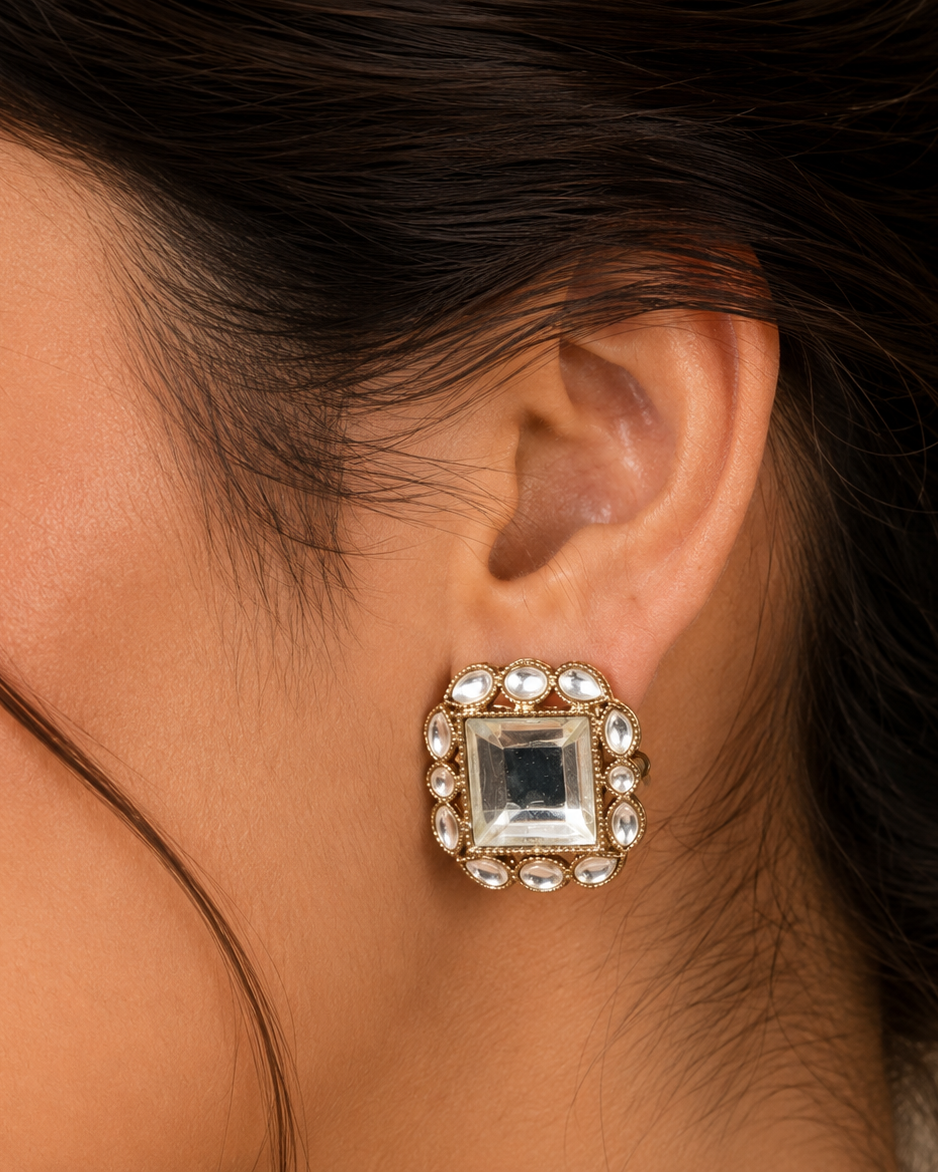 Square Kundan Stone Stud Earrings for Women | Curved Corner Ethnic Gold-Tone Studs | Traditional Festive, Wedding & Party Wear Jewelry