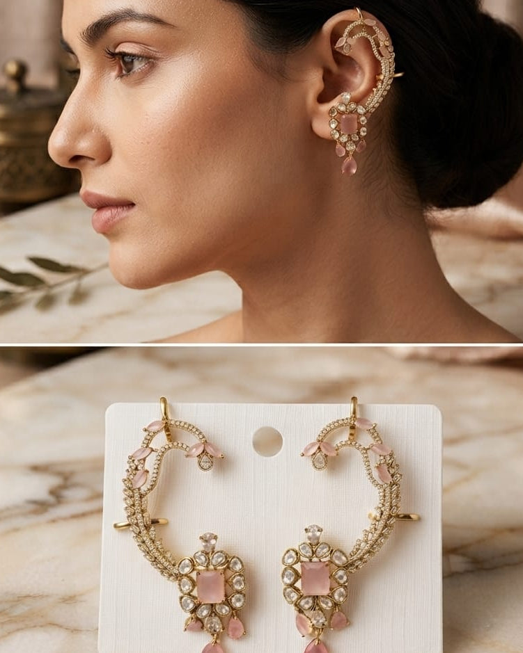 A model is shown wearing a large gold-toned ear cuff earring with pink gemstones in the top panel, while the bottom panel displays the matching earring on a white card against a marble surface.