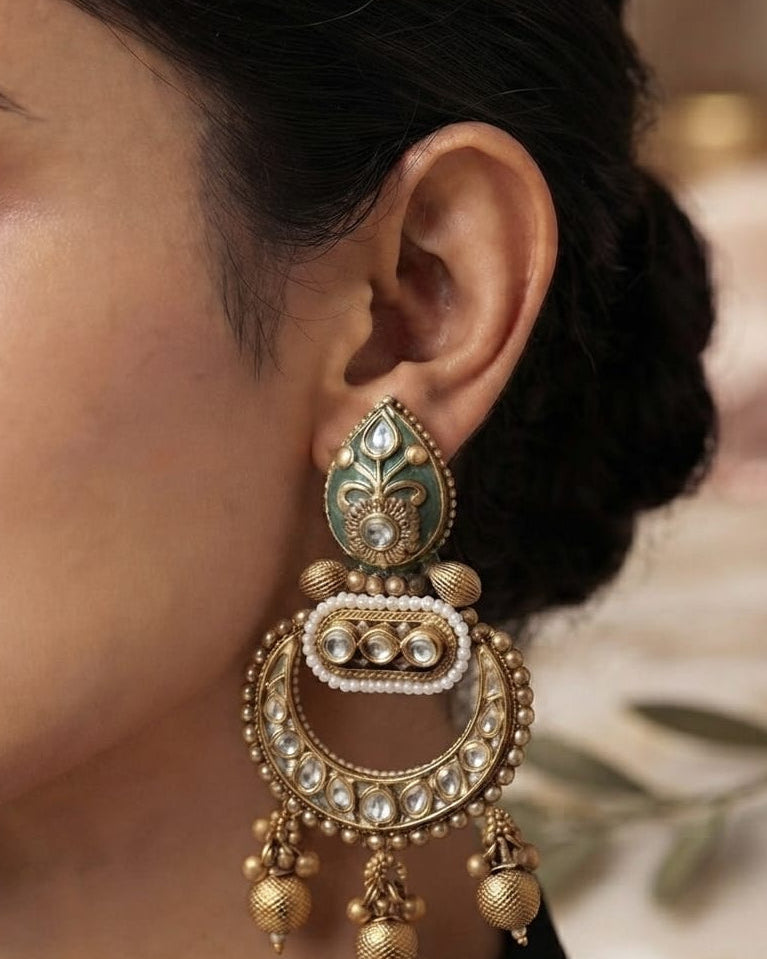 Kashmiri Olive Stone & Pearl Earrings for Women | Traditional Ethnic Jewelry | Festive, Wedding & Party Wear