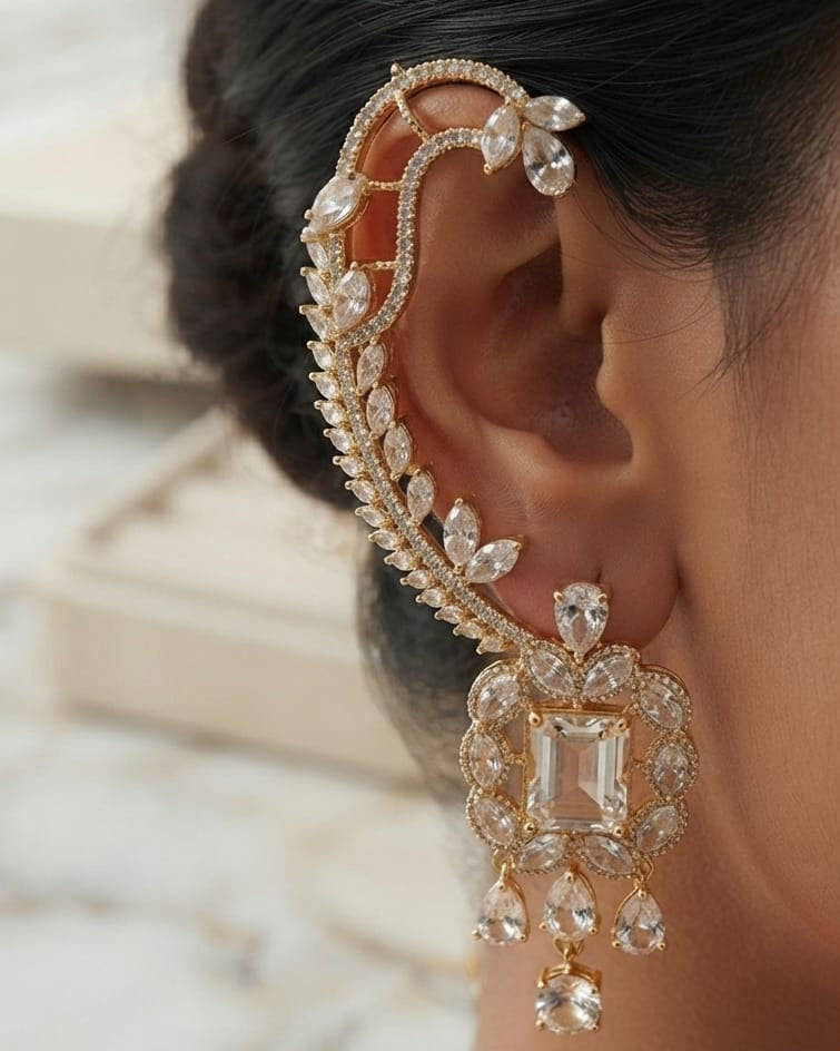 White AD Stone Ear Cuffs for Women | Elegant Crystal Fashion Jewelry | Lightweight | Wedding, Party, Festive & Daily Wear ⭐