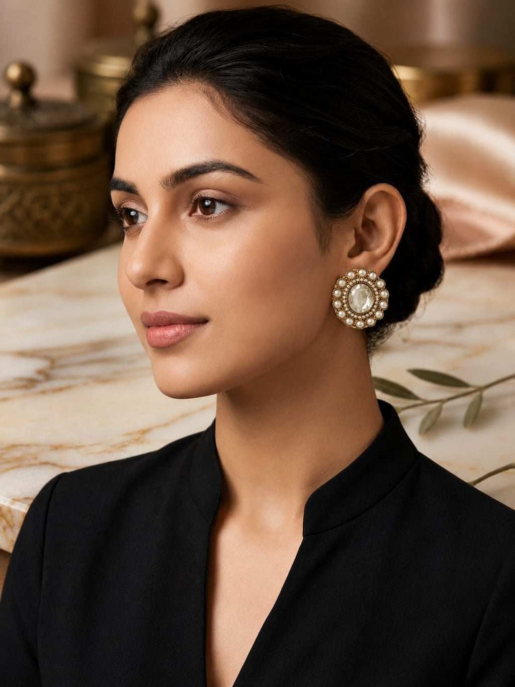 A woman with dark hair pulled back wears a prominent round gold-toned statement earring with a white pearl center and surrounding clear stones. She is wearing a black top, photographed in a warm, elegant indoor setting with marble and gold-toned decor in the background.