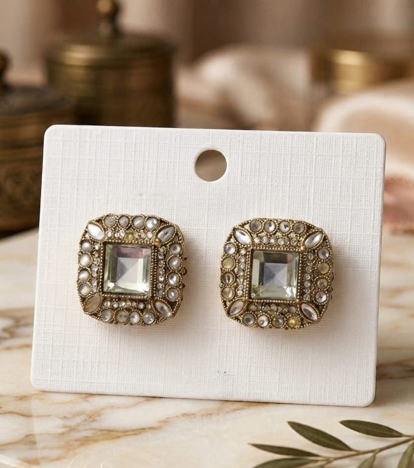 Square Kundan Stone Stud Earrings for Women | Traditional Gold-Tone Ethnic Jewelry | Festive, Wedding, Party & Daily Wear