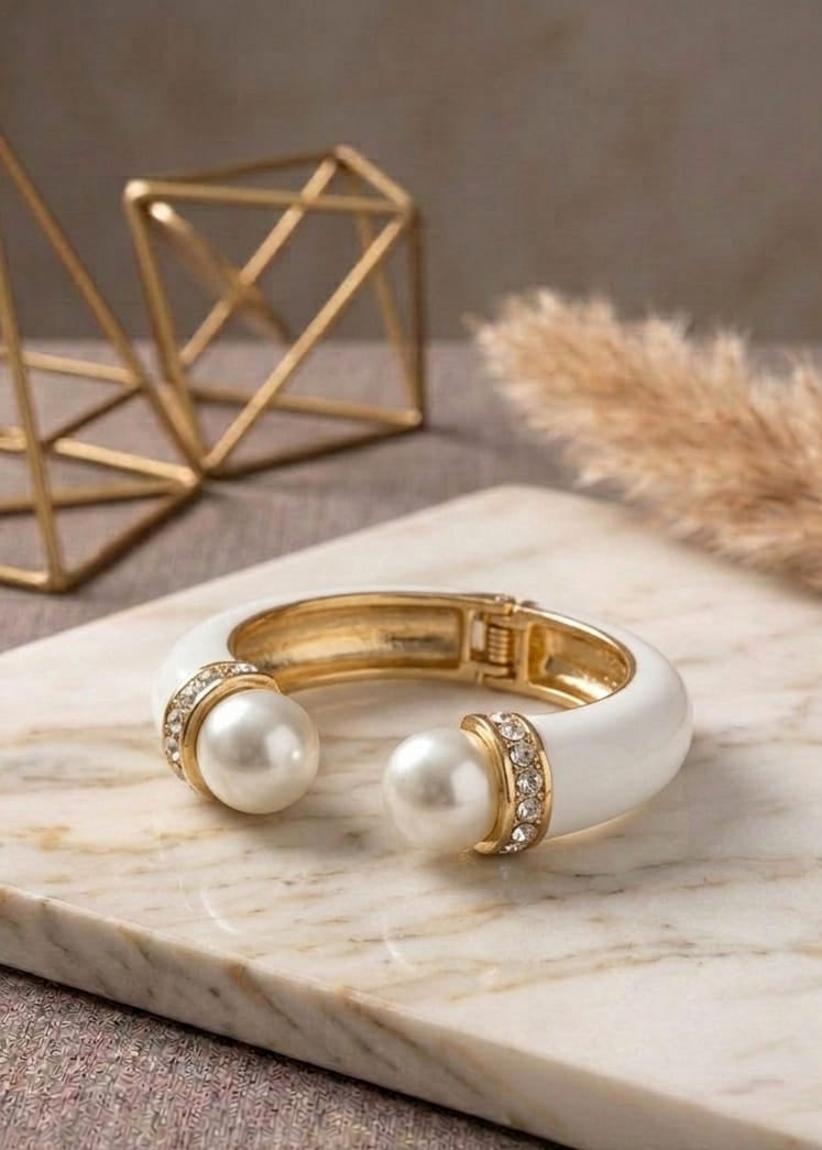 Luxury White Enamel Pearl & CZ Stone Open Cuff Bracelet for Women | Gold Tone Statement Bangle