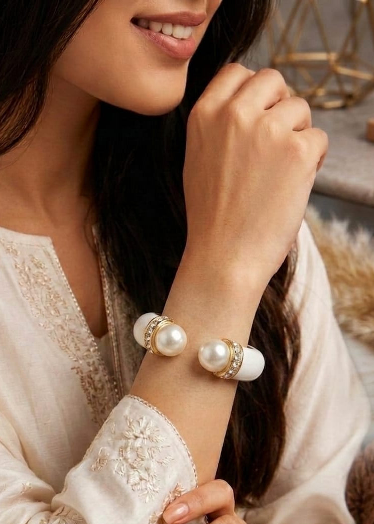 Luxury White Enamel Pearl & CZ Stone Open Cuff Bracelet for Women | Gold Tone Statement Bangle
