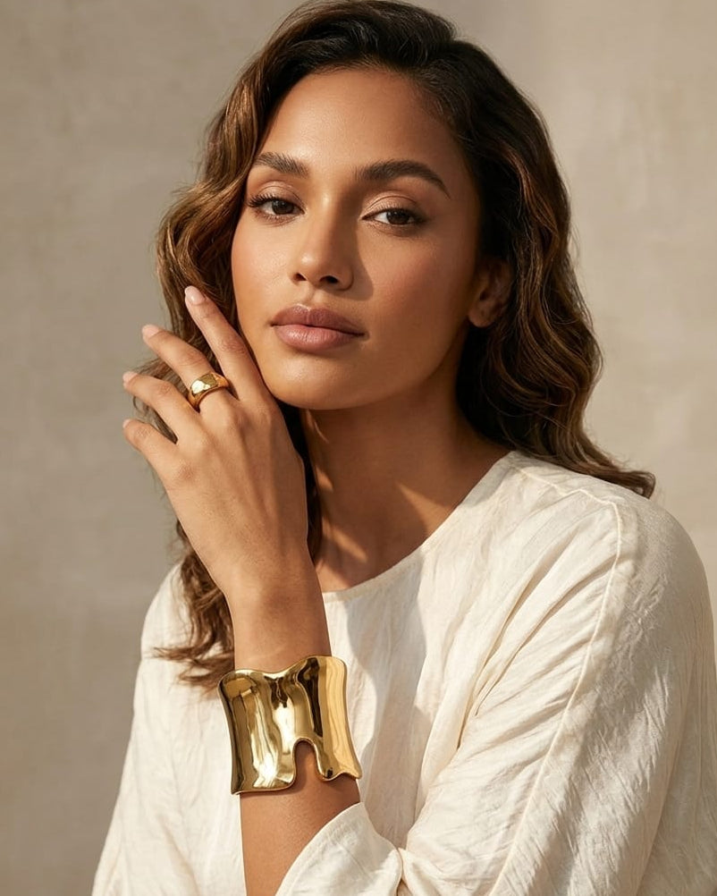 Luxury Gold Tone Wide Cuff Bracelet for Women | Minimalist Statement Open Bangle