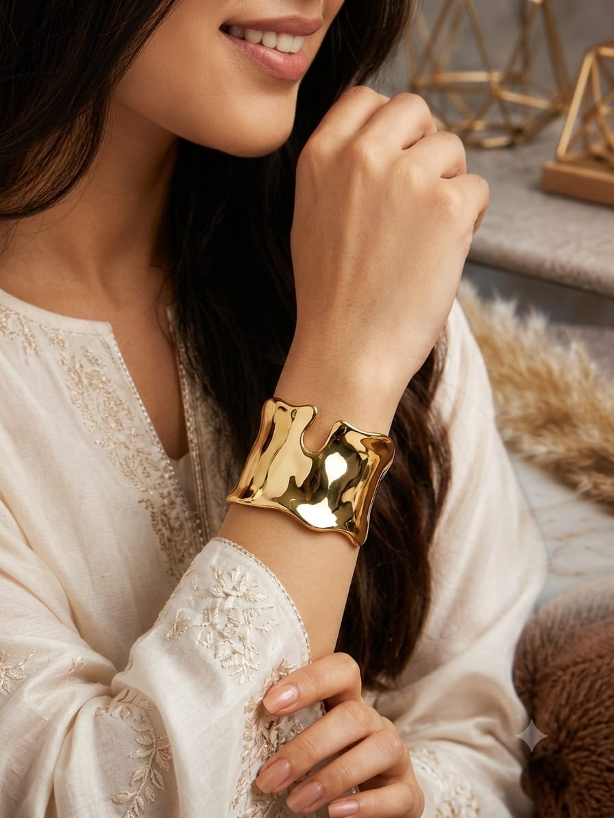Luxury Gold Tone Wide Cuff Bracelet for Women | Minimalist Statement Open Bangle