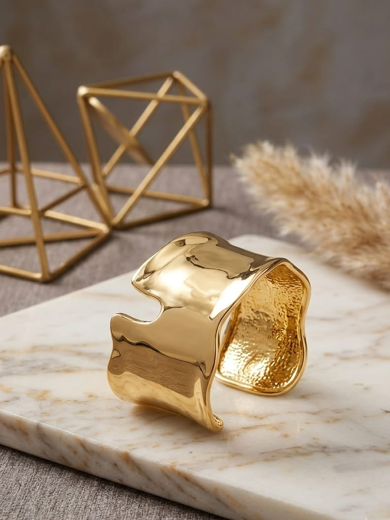 Luxury Gold Tone Wide Cuff Bracelet for Women | Minimalist Statement Open Bangle