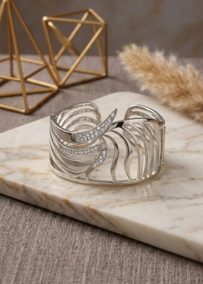 Luxury Silver Tone AD Stone Wide Cuff Bracelet for Women | Elegant Statement Open Bangle