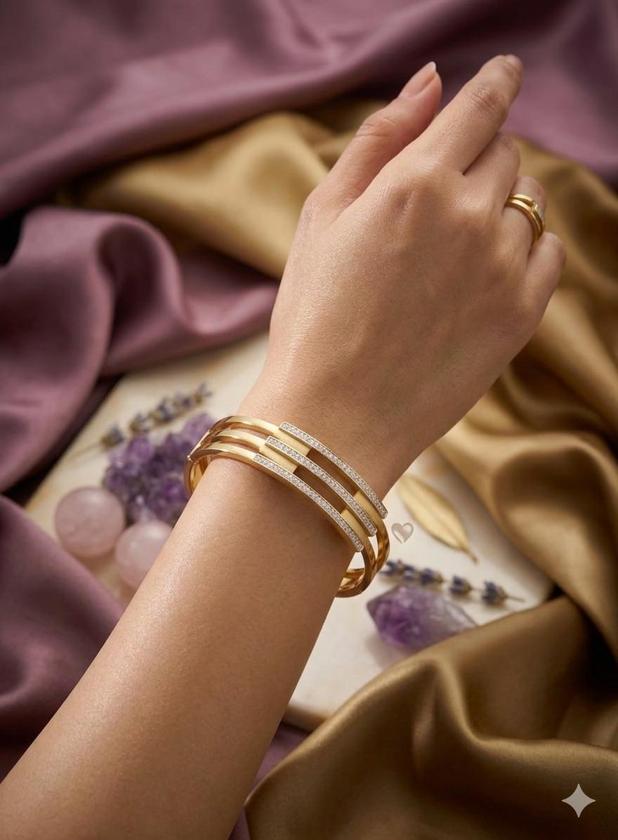 Center Three Layered AD Stone Golden Anti Tarnish Bracelet