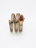 Golden Snake Watch Wrap Bracelet With Maroon Dial