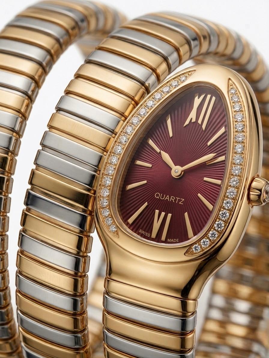 Golden Snake Watch Wrap Bracelet With Maroon Dial