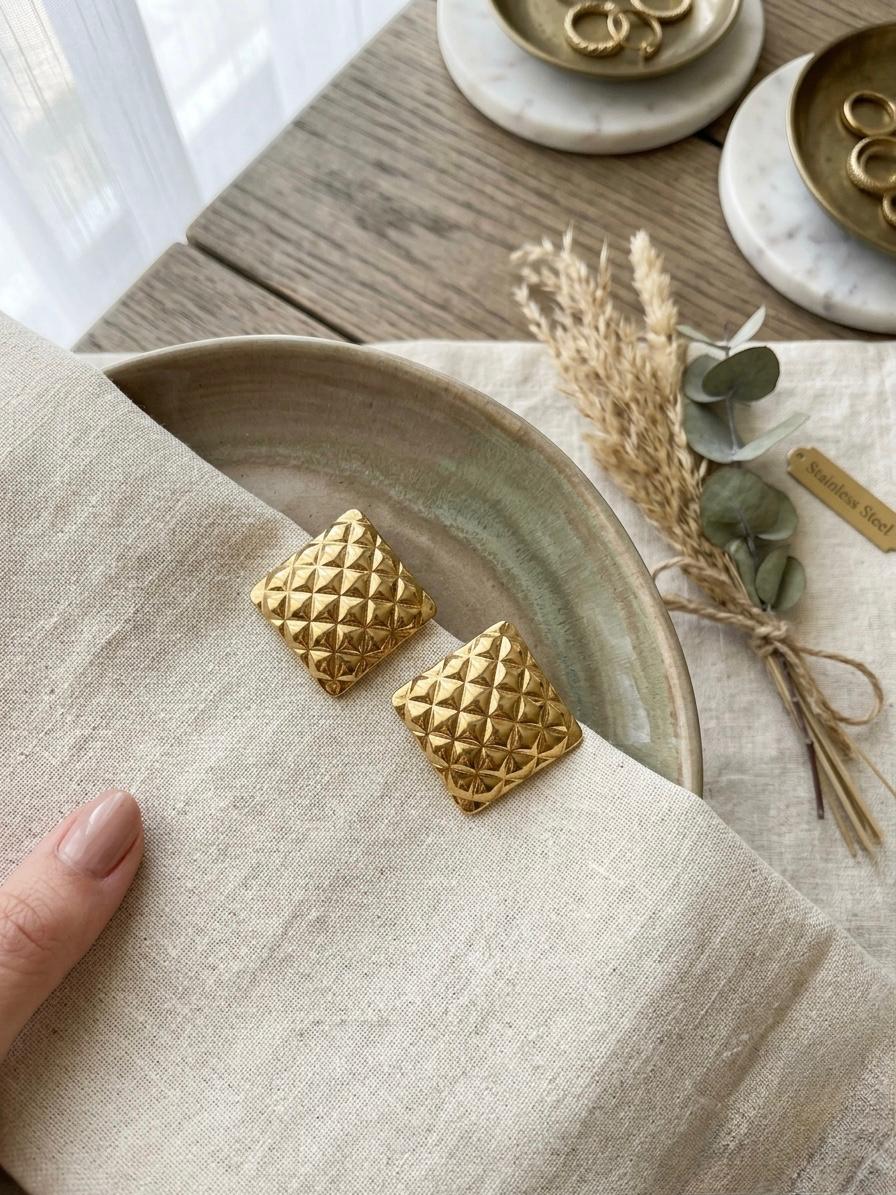 Square Checkered Shaped Anti Tarnish Earrings