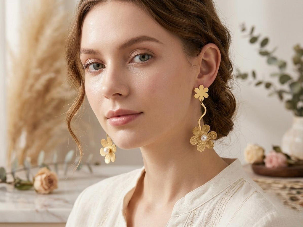 Flower And Pearl Anti Tarnish Hanging Earrings
