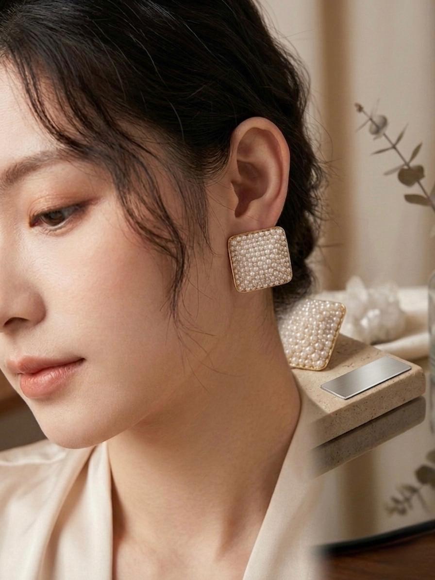 White Pearl Stone Gold Plated Earrings