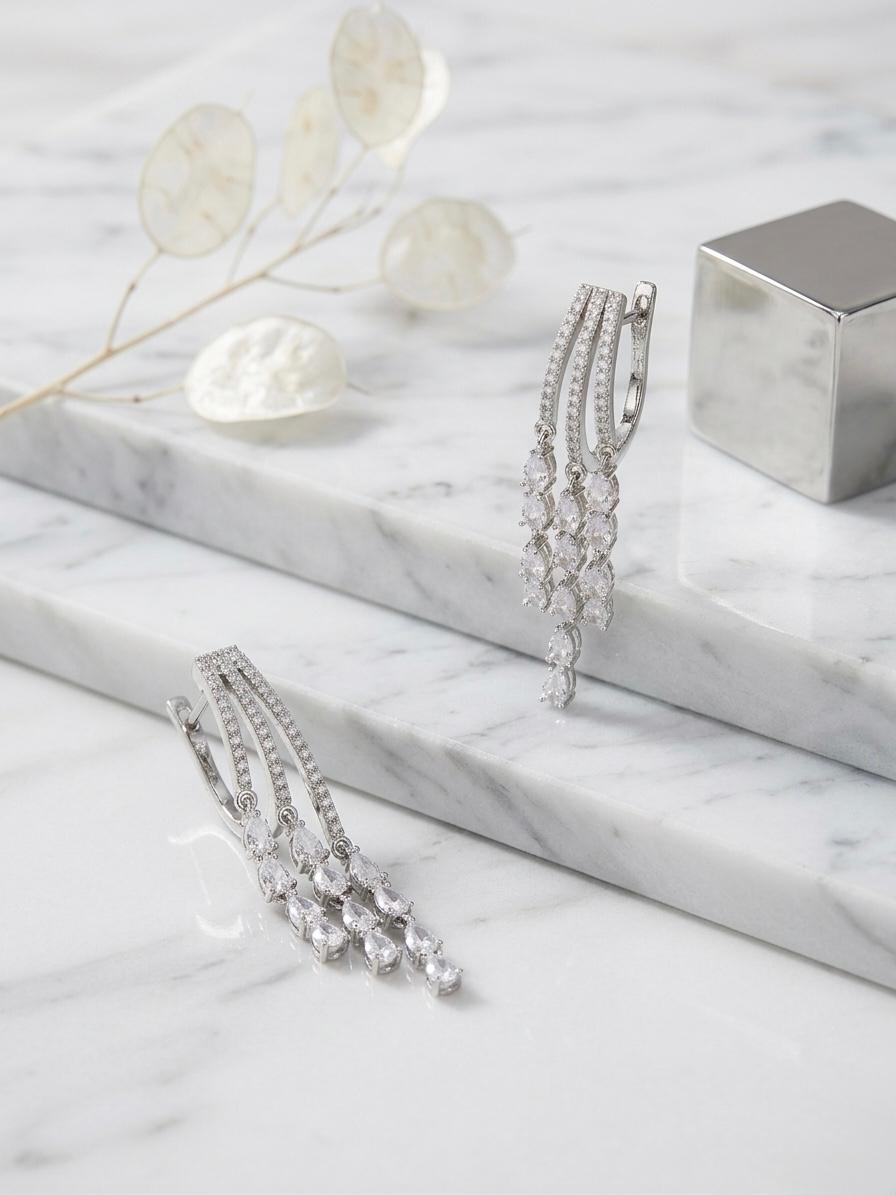 AD Stone Three Layered Hanging Earrings