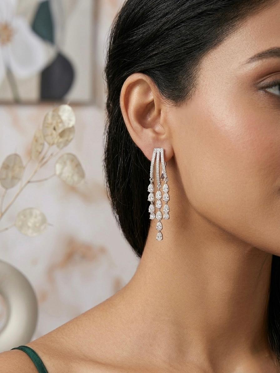 AD Stone Three Layered Hanging Earrings