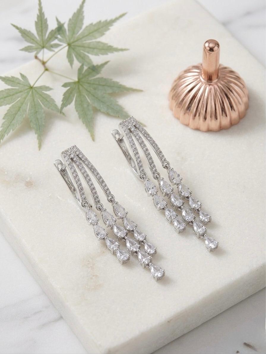 AD Stone Three Layered Hanging Earrings