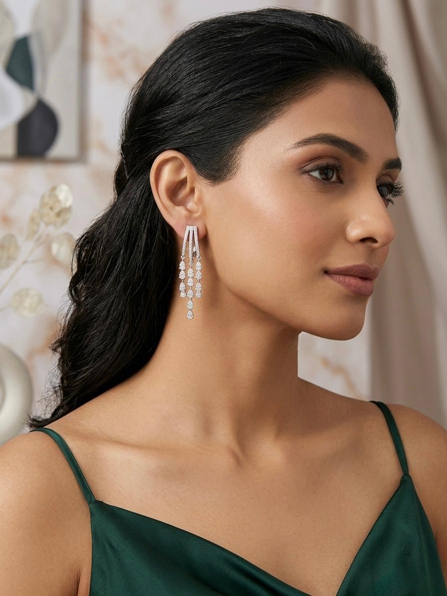 AD Stone Three Layered Hanging Earrings