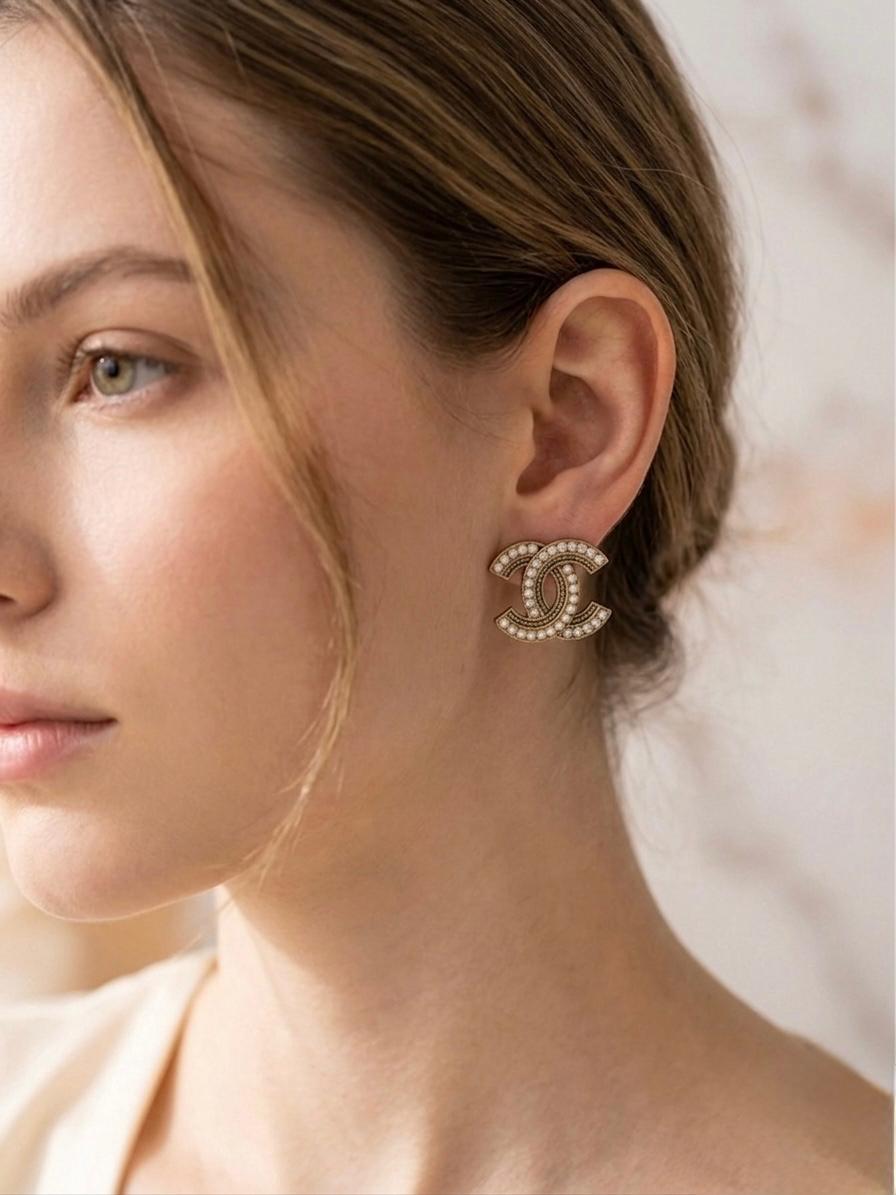 Branded Pearl Metallic Earrings