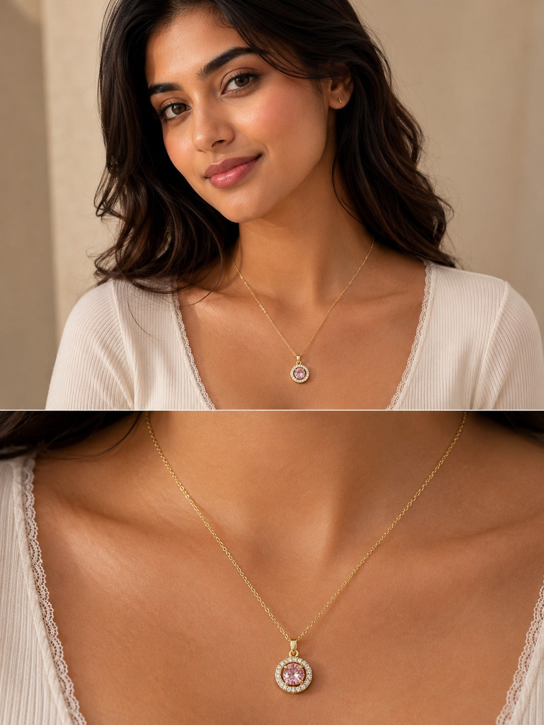 Anti Tarnish Chain Pendant With Silver And Pink Stone