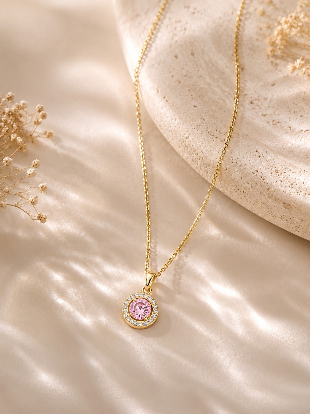 Anti Tarnish Chain Pendant With Silver And Pink Stone
