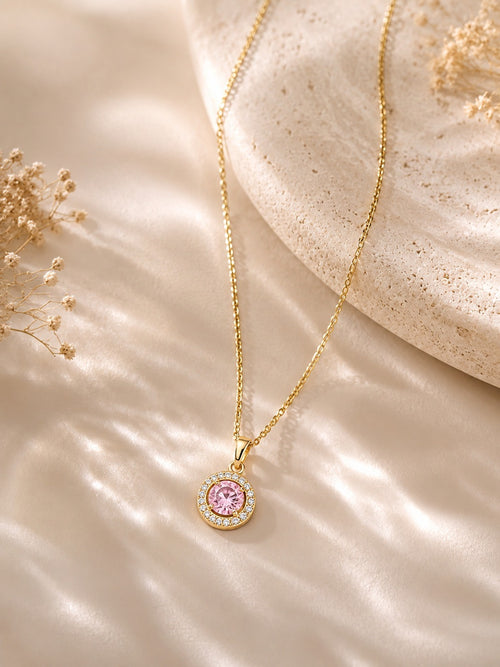 Anti Tarnish Chain Pendant With Silver And Pink Stone