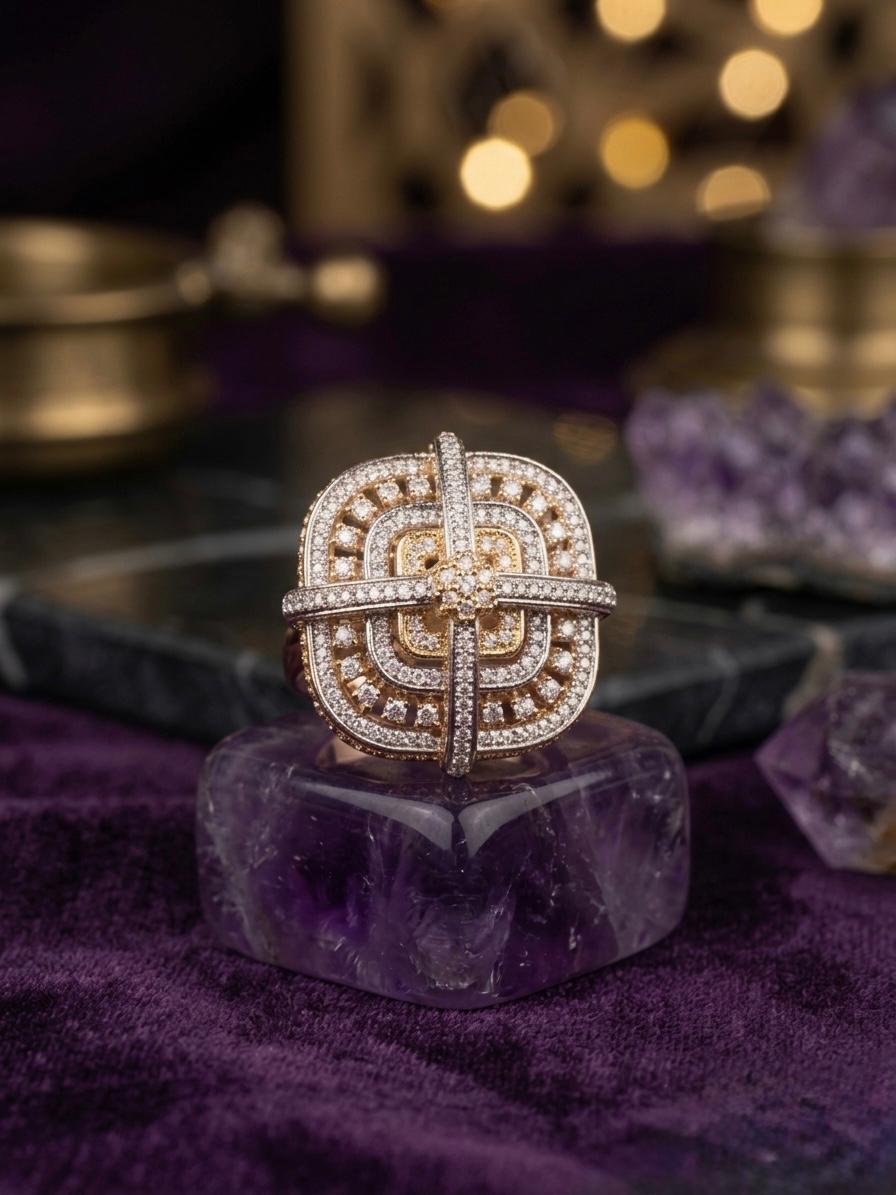 Silver Golden AD Stone Cocktail Ring