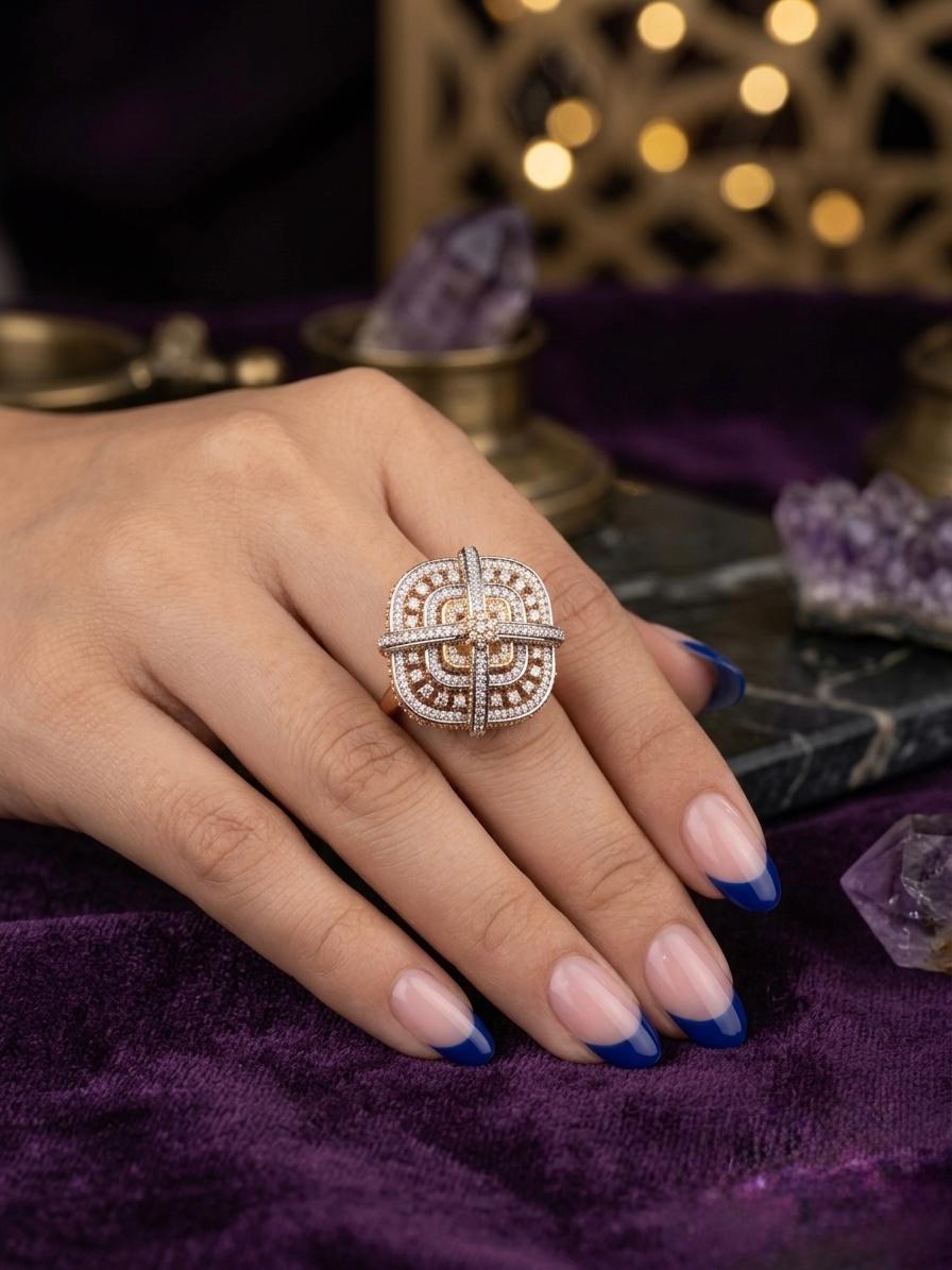 Silver Golden AD Stone Cocktail Ring