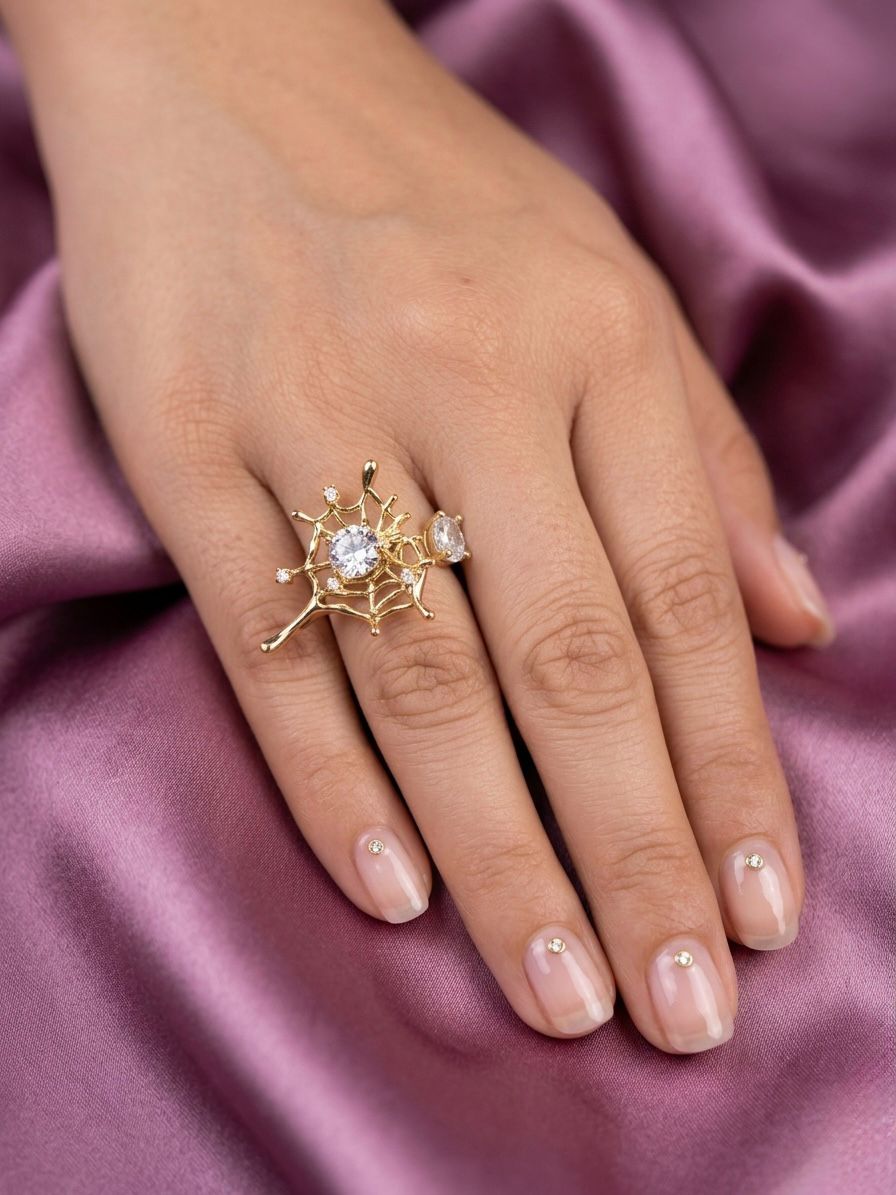 Spider Web With Stone At Center Anti Tarnish Ring