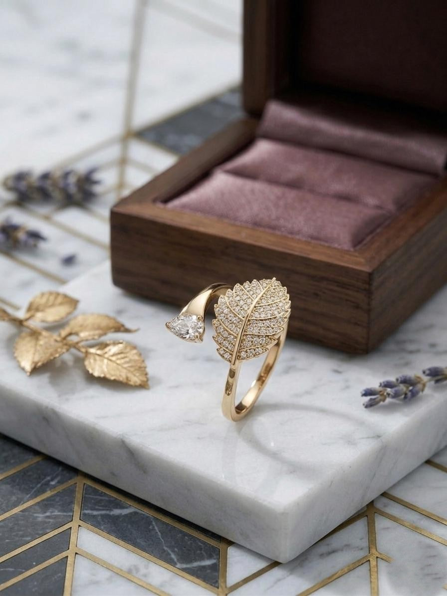 Leaf With Stones Anti Tarnish Gold Ring