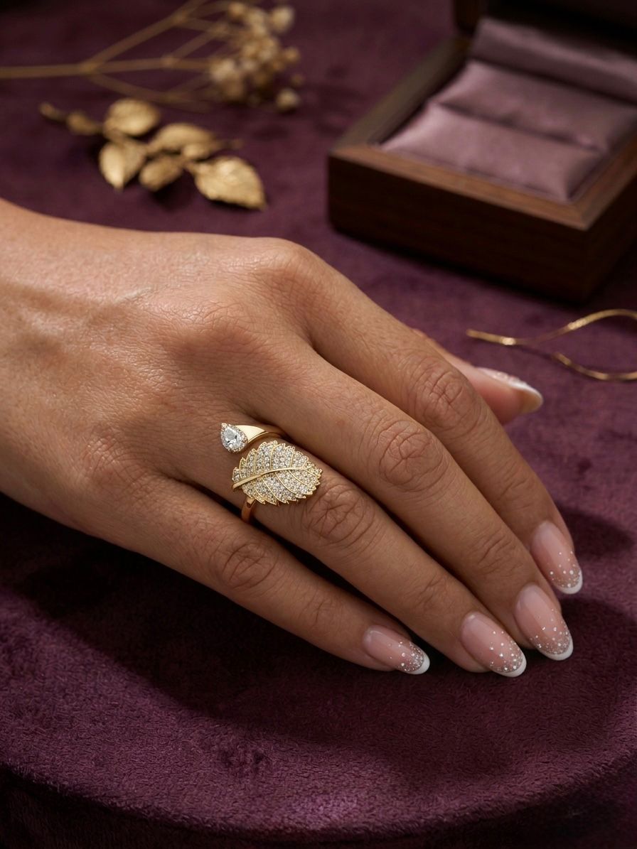 Leaf With Stones Anti Tarnish Gold Ring