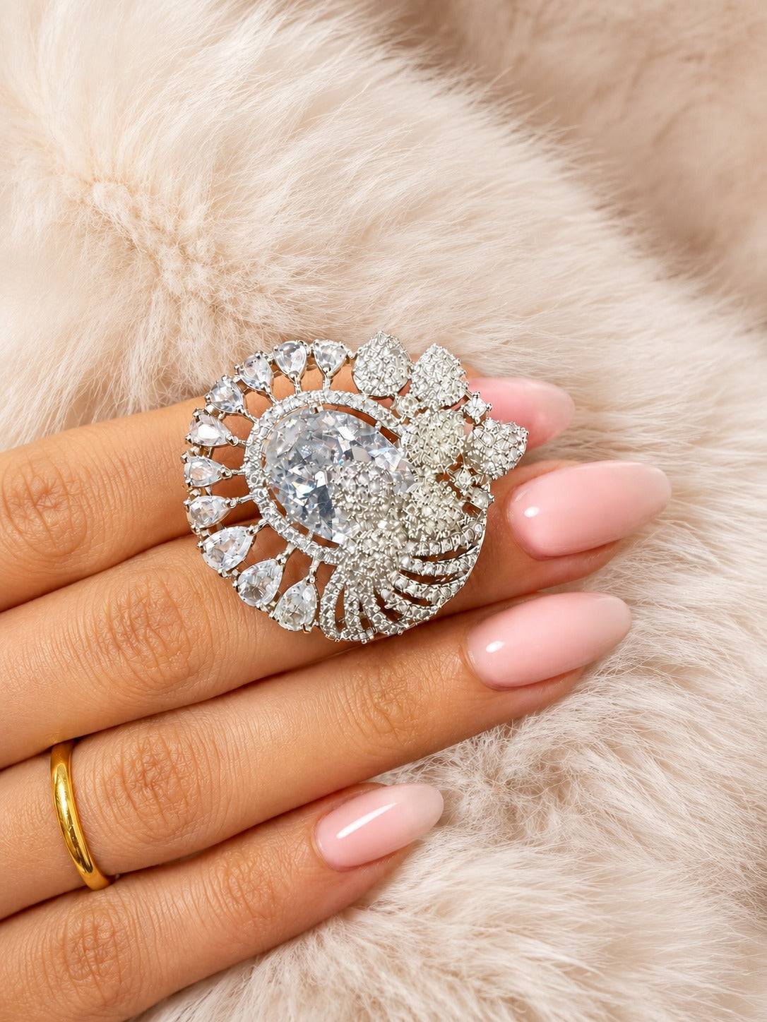 Silver AD Stone Flower Oval Shaped Adjustable Size Cocktail Ring