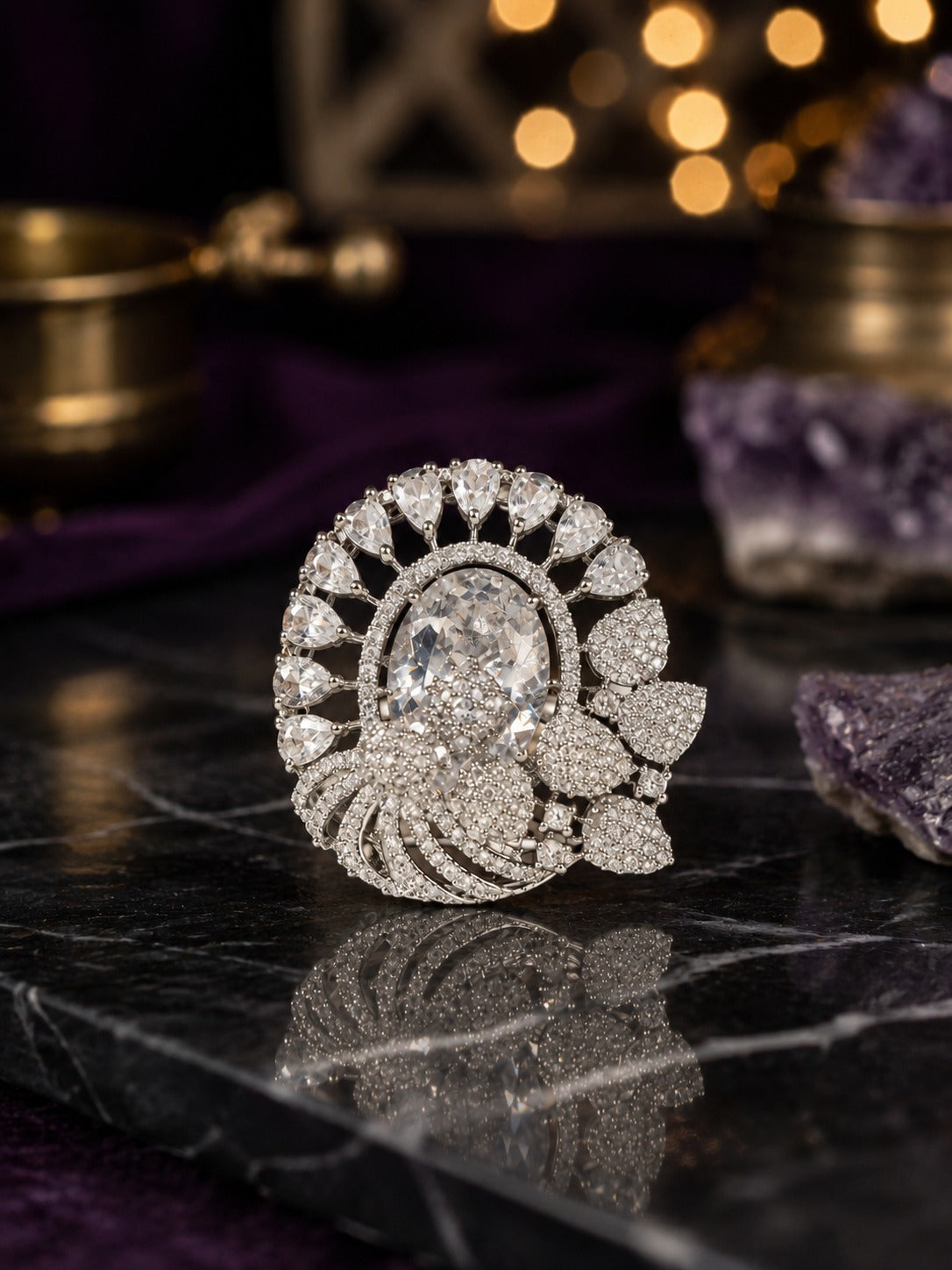 Silver AD Stone Flower Oval Shaped Adjustable Size Cocktail Ring