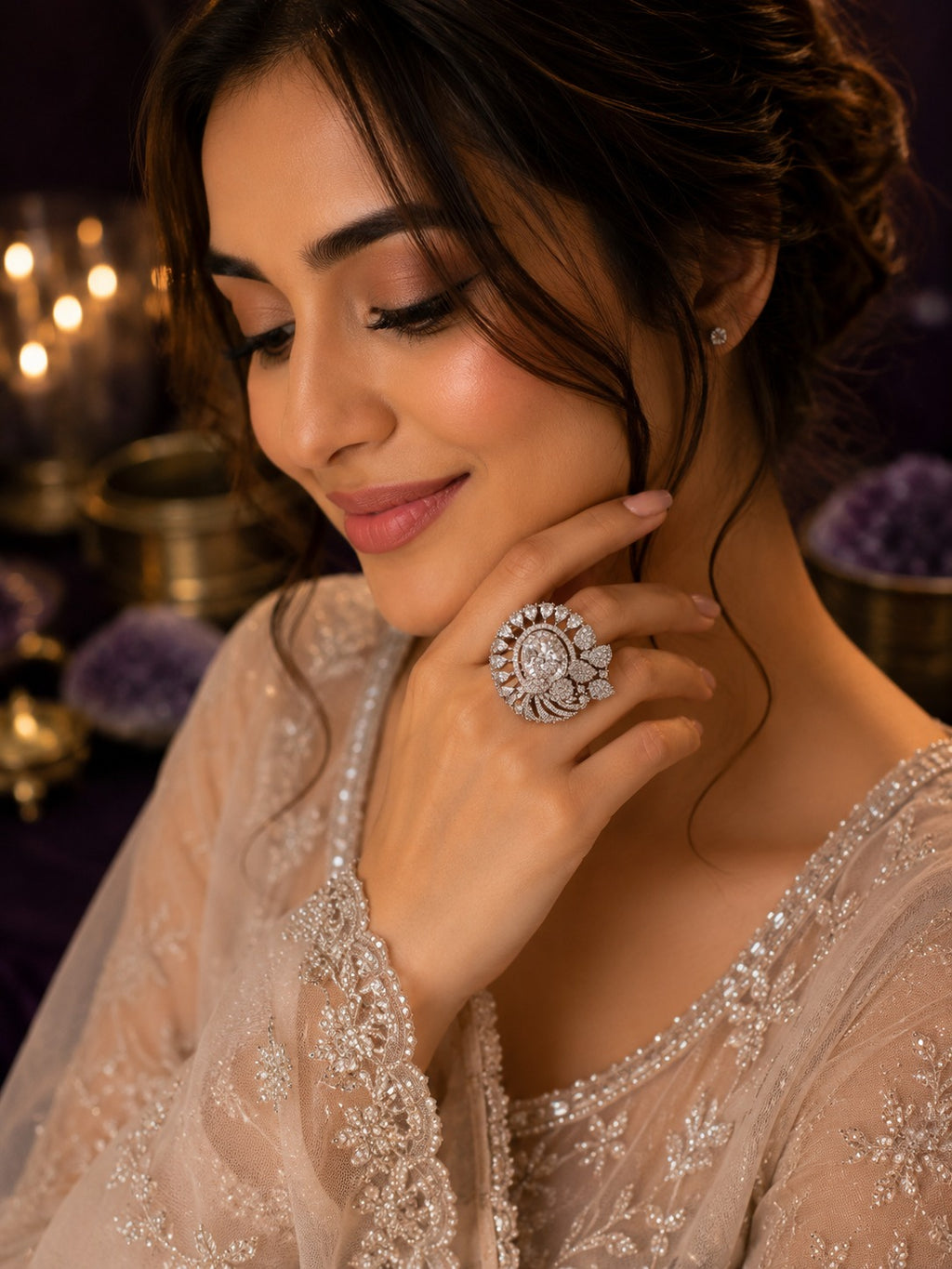 Silver AD Stone Flower Oval Shaped Adjustable Size Cocktail Ring