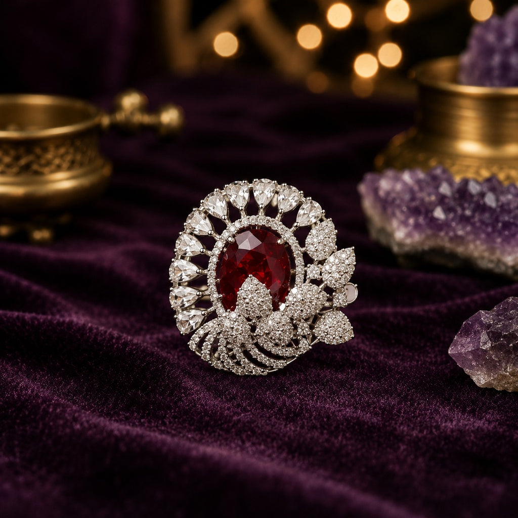 Red Ruby AD Stone Flower Oval Shaped Adjustable Size Cocktail Ring