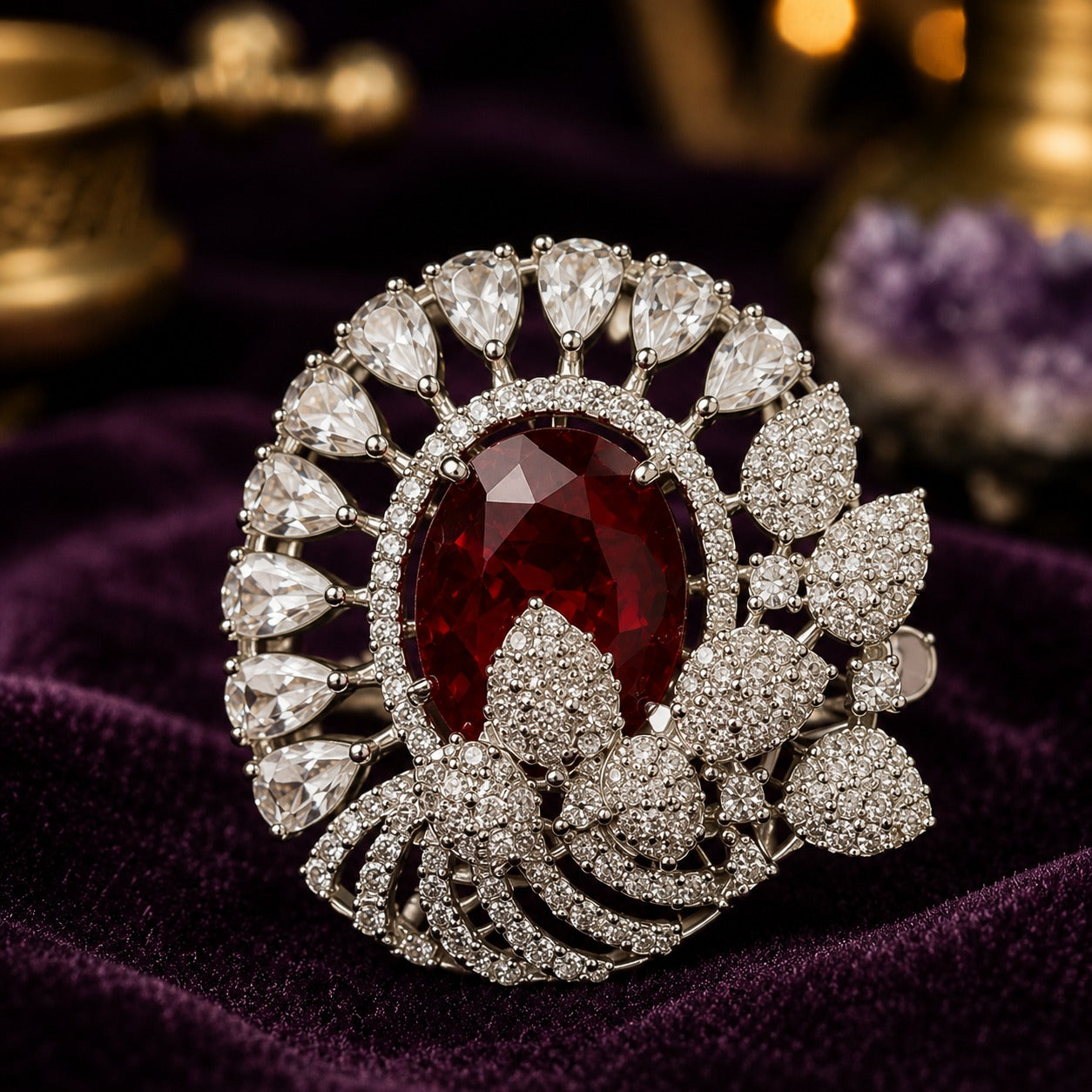 Red Ruby AD Stone Flower Oval Shaped Adjustable Size Cocktail Ring