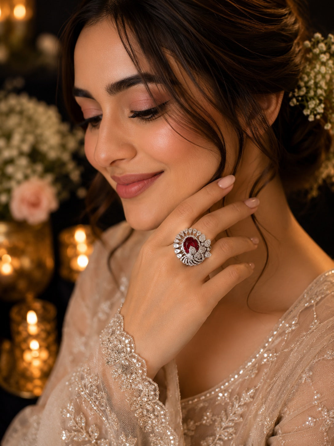 Red Ruby AD Stone Flower Oval Shaped Adjustable Size Cocktail Ring