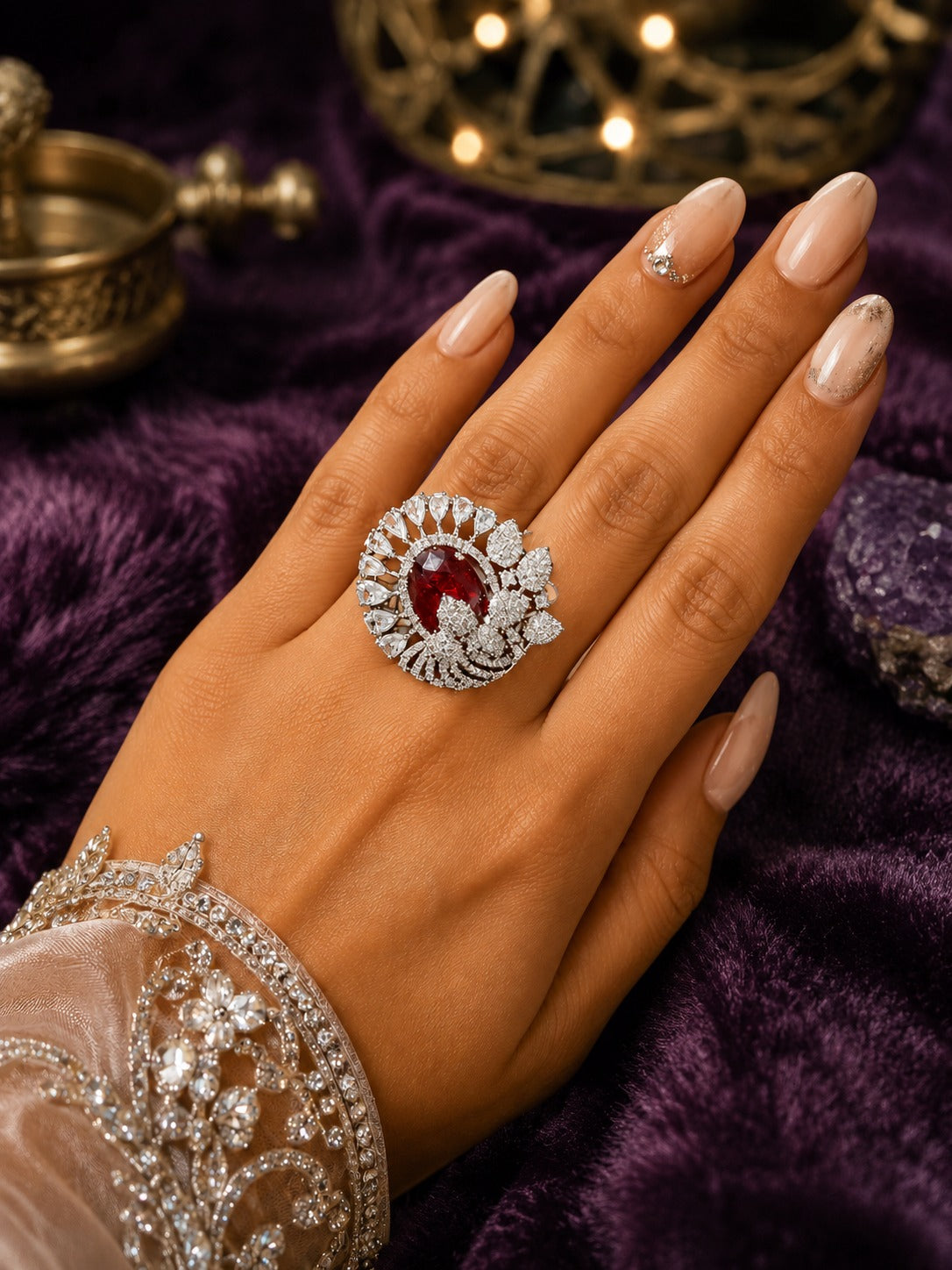 Red Ruby AD Stone Flower Oval Shaped Adjustable Size Cocktail Ring