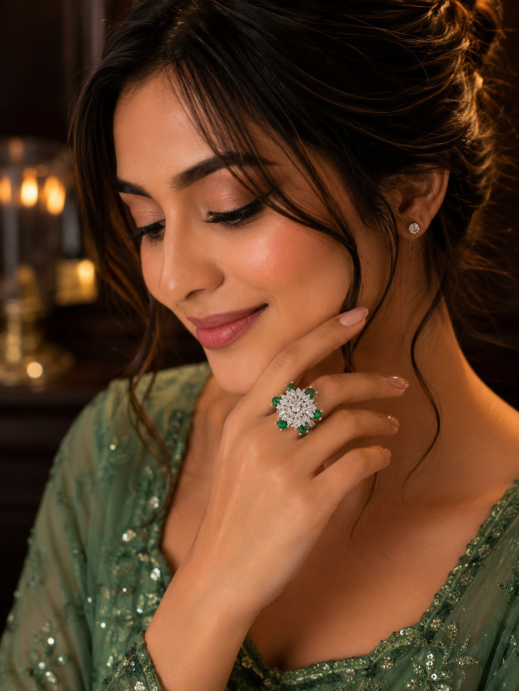 AD Stone Green Ruby Cocktail Ring With Adjustable Size