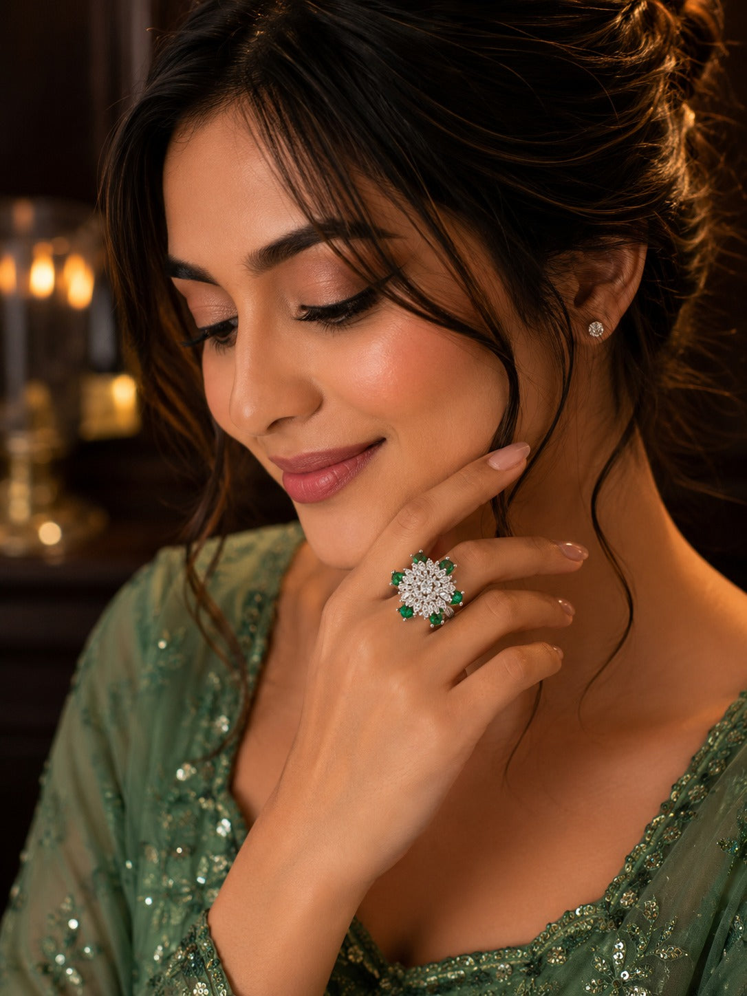 AD Stone Green Ruby Cocktail Ring With Adjustable Size