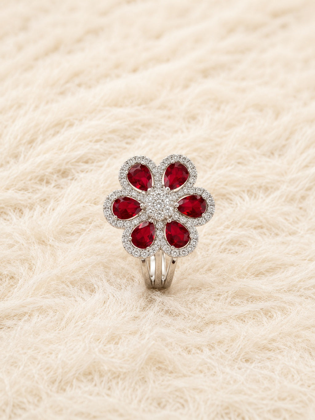 AD Stone With Red Ruby Cocktail Ring With Adjustable Size