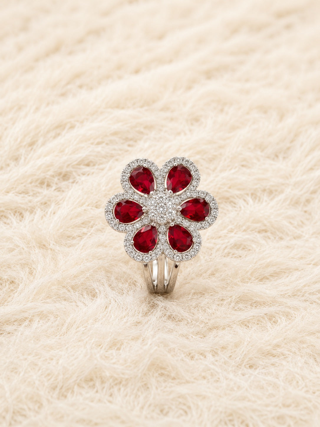 AD Stone With Red Ruby Cocktail Ring With Adjustable Size