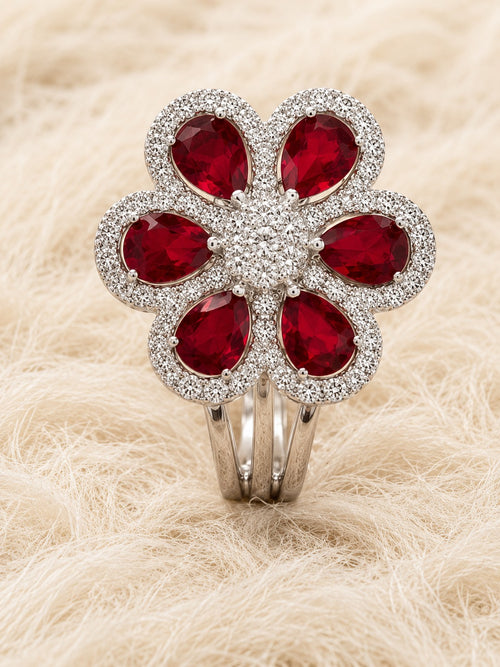 AD Stone With Red Ruby Cocktail Ring With Adjustable Size